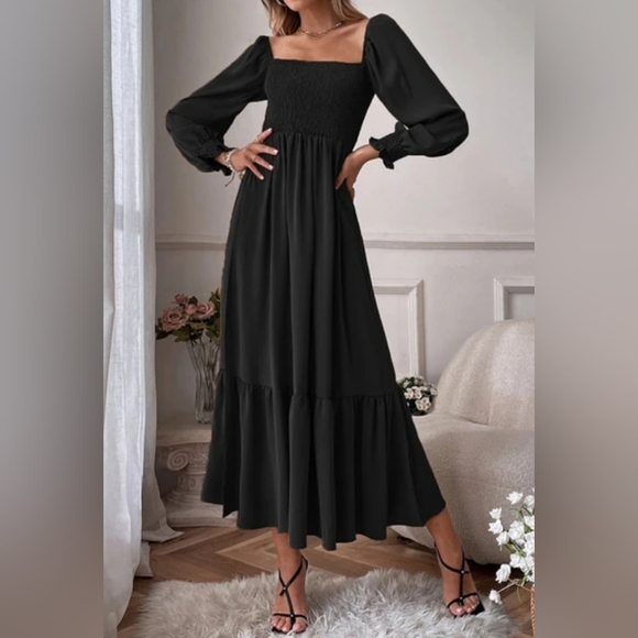 Dresses & Skirts - Black- Smock Long Sleeve Maxi Dress
